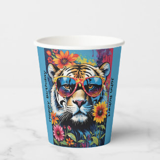 Cool Tiger In Sunglasses With Flowers Paper Cups