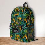 Cool Tiger Jungle Animal, Personalised Name Text Printed Backpack<br><div class="desc">Super fun backpack featuring a jungle pattern and personalised name label. Add an extra bonus line of text - phone number, team name, saying, etc. - or delete. Roomy enough for books, computer, sports gear and more - or use as a travel or weekend bag too. Stylish and colourful, yet...</div>