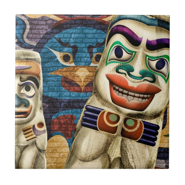Cool Tiki Totems Art Poster Ceramic Tile (Front)