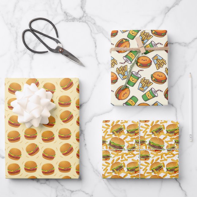 cool  tiled burgers fries party pattern wrapping paper sheet (Front)