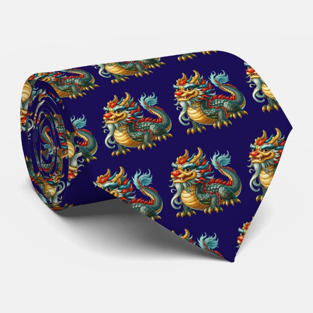 Cool tiled Japanese Dragon  Tie (Rolled)