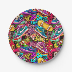 Cool tiled pattern comic graffiti teen paper plate