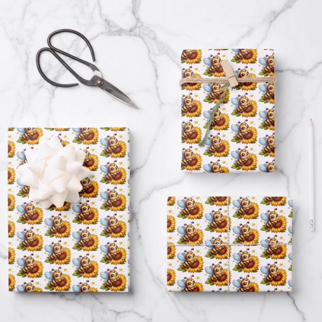 Cool tiled unisex baby bee pattern sunflower  wrapping paper sheet (Front)