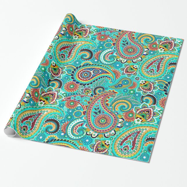 Cool Tones Colourful Retro Paisley Wrapping Paper (Unrolled)