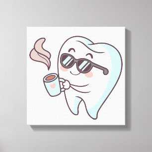 Cool Tooth Cartoon with Sunglasses & Coffee Poster Canvas Print