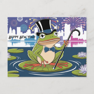 cool top hat wearing frog lillypad happy new year postcard