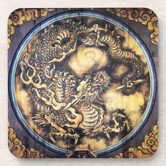Cool traditional japanese oriental dragon wood art coaster (Front)