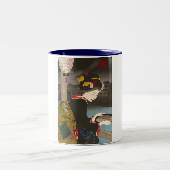 Cool traditional japanese woodprint classic geisha Two-Tone coffee mug (Center)