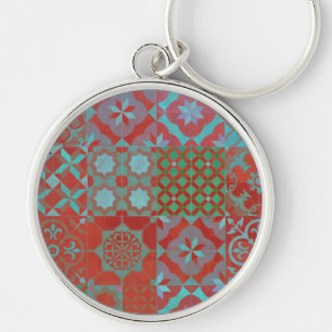 Cool, trendy Aegean tiles in red and blue Key Ring