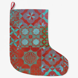 Cool, trendy Aegean tiles in red and blue Large Christmas Stocking
