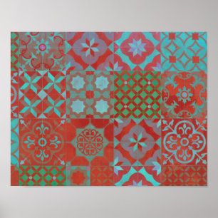 Cool, trendy Aegean tiles in red and blue Poster