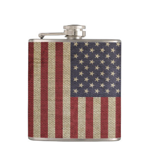 Cool trendy America flag burlap texture Hip Flask