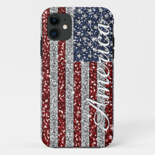 Cool trendy America flag shining faux glitter iPhone 11 Case
