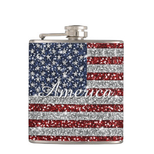 Cool trendy America flag shining faux glitter Hip Flask