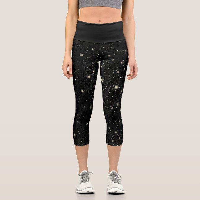 Cool Trendy Black Galaxy Outerspace Stars Universe Capri Leggings (Front)