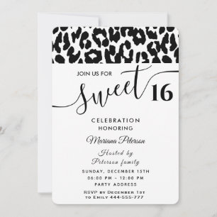 Cool Trendy black white leopard sweet 16 Invitation