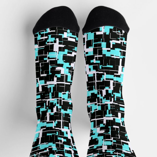 Cool Trendy Black White Teal Blue Pattern Socks (Top)