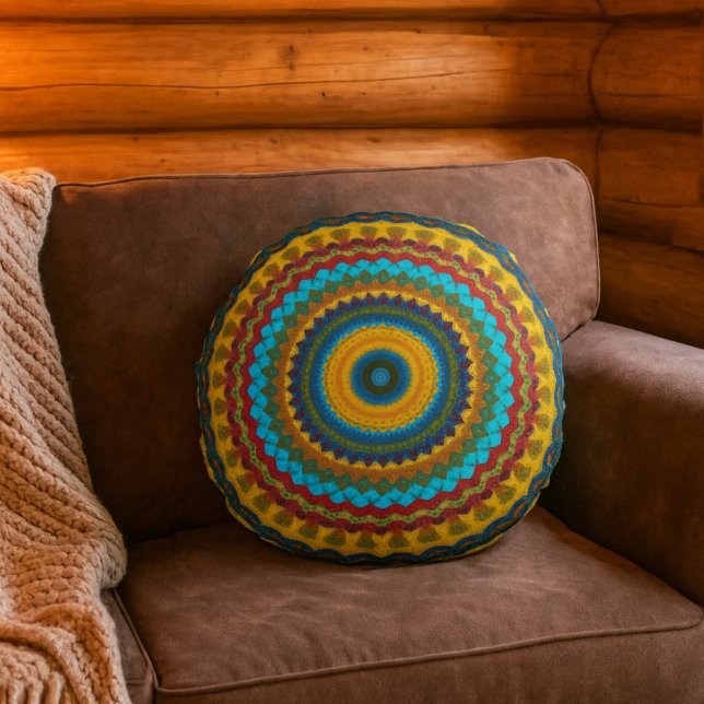  Cool Trendy Blue Red Yellow Mandala Tribal Ethnic Round Cushion (Creator Uploaded)