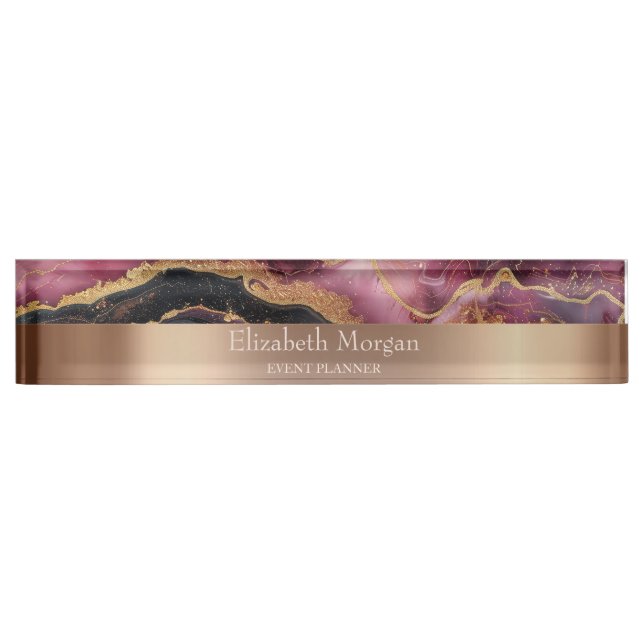 Cool Trendy Burgundy Black Gold Marble Nameplate (Front)