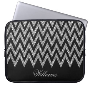Cool trendy chevron zigzag silver faux glitter laptop sleeve