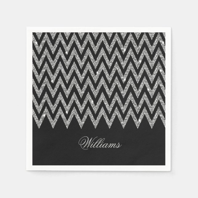 Cool trendy chevron zigzag silver faux glitter napkin (Front)