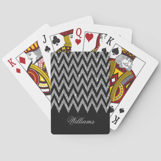 Cool trendy chevron zigzag silver faux glitter playing cards (Back)