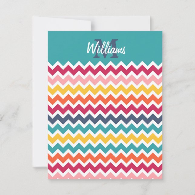 Cool trendy colourful custom Monogram chevron Note Card (Front)