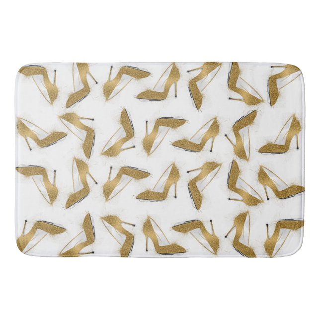 Cool trendy faux gold glitter high heel shoes bath mat (Front)