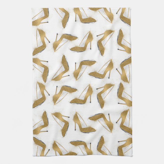 Cool trendy faux gold glitter high heel shoes tea towel (Vertical)