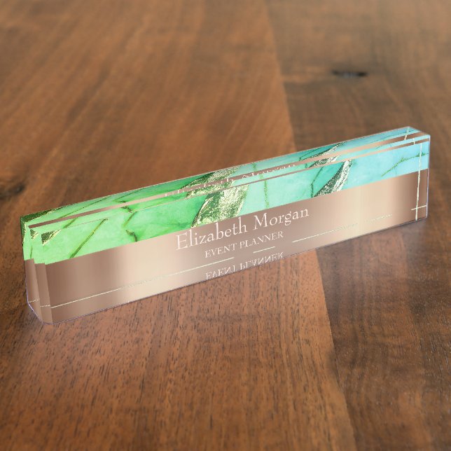 Cool Trendy Green Marble Rose Gold Nameplate (Side)