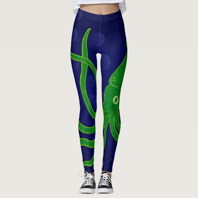 Cool trendy green squid in the blue ocean leggings (Front)