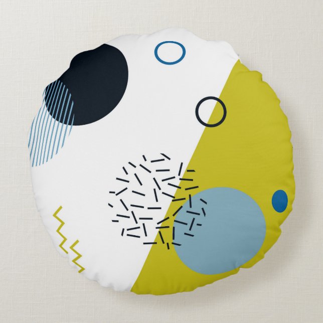 Cool, trendy, modern, Memphis green blue geometric Round Cushion (Back)