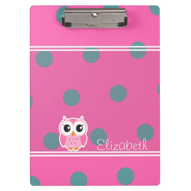 Cool Trendy Polka Dots With Cute Owl-Personalised Clipboard (Front)