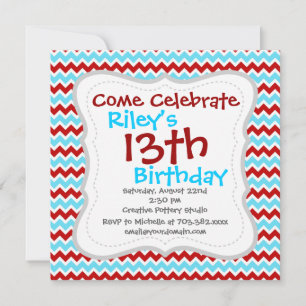 Cool Trendy Teal Turquoise Red Chevron Zigzags Invitation
