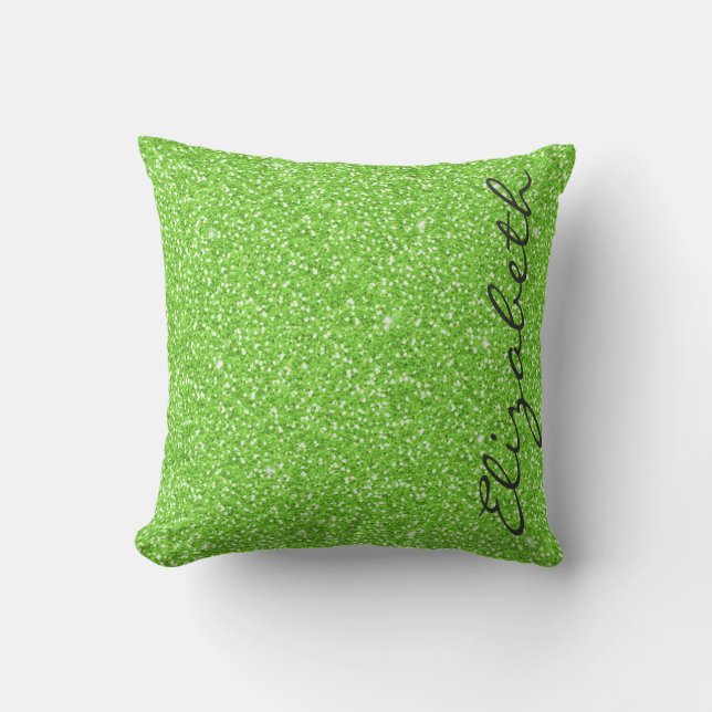 Cool trendy vibrant neon green faux glitter cushion (Front)