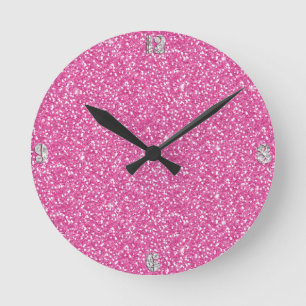 Cool trendy vibrant neon hot pink faux glitter round clock