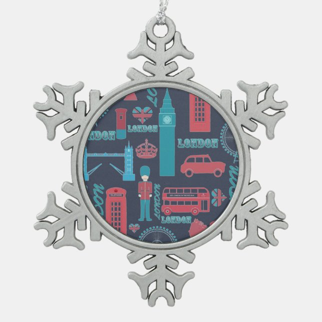 Cool trendy vintage London illustrations pattern Snowflake Pewter Christmas Ornament (Front)