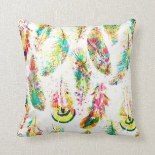 Cool trendy watercolor neon splatters feathers cushion