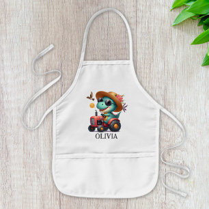 Cool Trex Dinosaur Farmer Driving Red Tractor Kids Apron