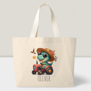 Cool Trex Dinosaur Farmer Driving Red Tractor  Large Tote Bag