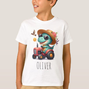 Cool Trex Dinosaur Farmer Driving Red Tractor  T-Shirt