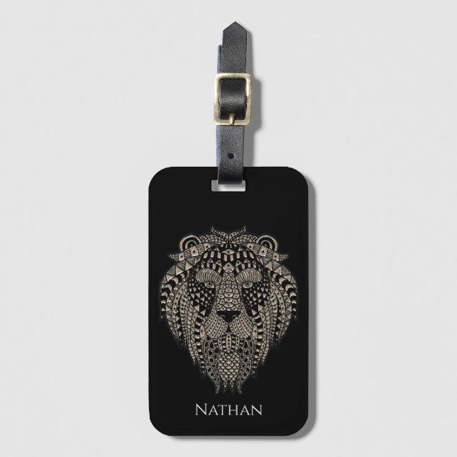 Cool Tribal Metallic Lion Head Personalised Luggage Tag (Front Vertical)