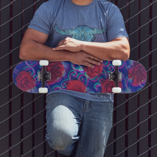   Cool Trippy Glitch Damask Modern Red Rose Purple Skateboard (Outdoor 3)