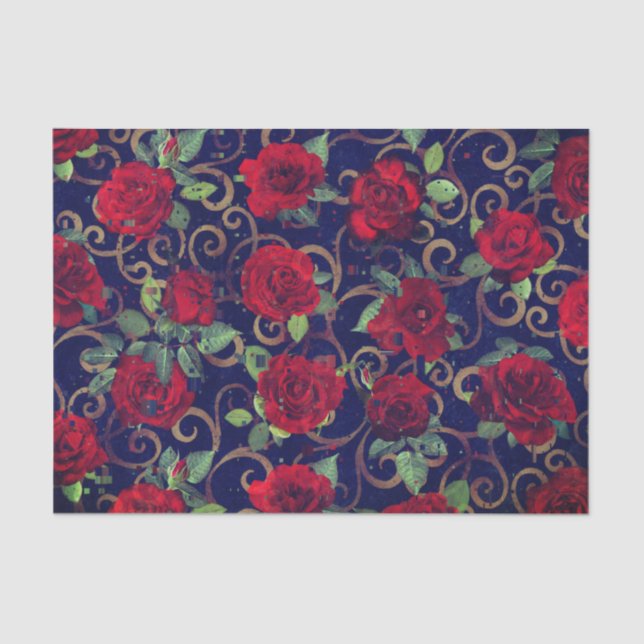   Cool Trippy Glitch Damask Red Rose Bright Modern Tissue Paper (Front)