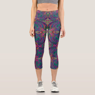 Cool Trippy Green, Orange and Purple Wavy Pattern Capri Leggings