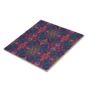 Cool Trippy Green, Orange and Purple Wavy Pattern Tile