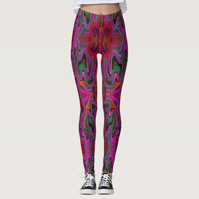 Cool Trippy Magenta, Red and Green Wavy Pattern Leggings (Front)