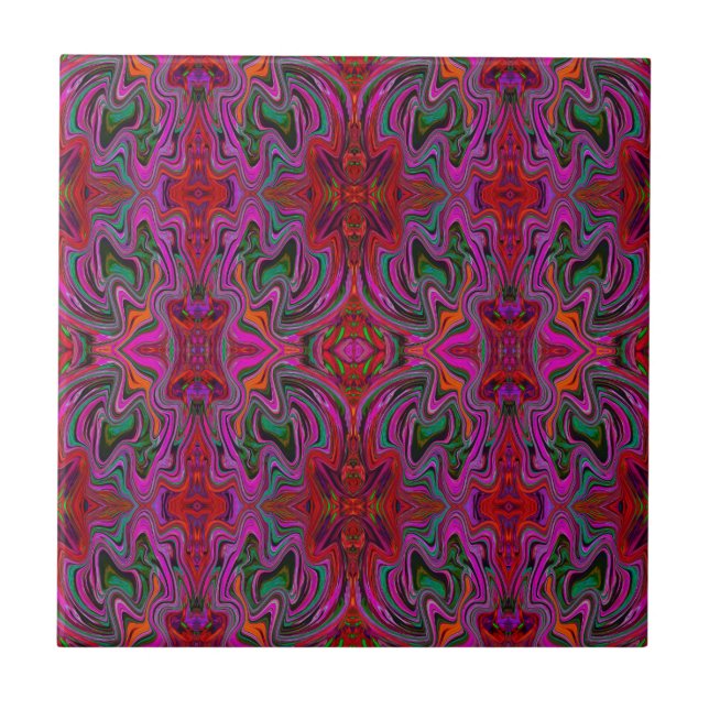 Cool Trippy Magenta, Red and Green Wavy Pattern Tile (Front)