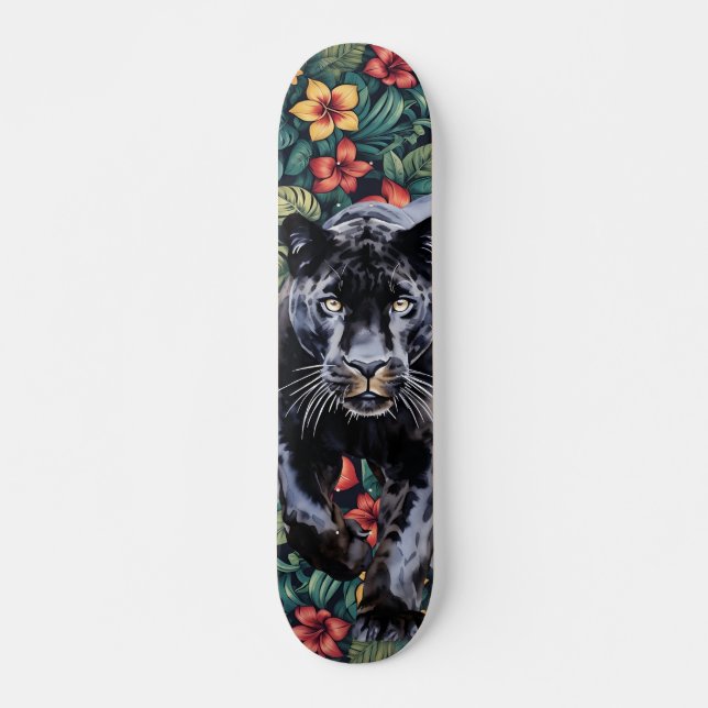 Cool Tropical Floral Panther's Head Skateboard (Front)