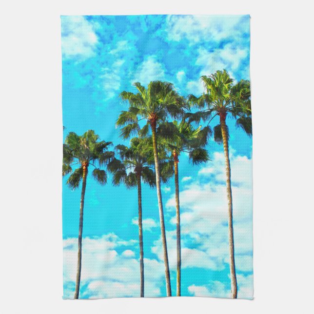 Cool Tropical Palm Trees Blue Sky Tea Towel (Vertical)